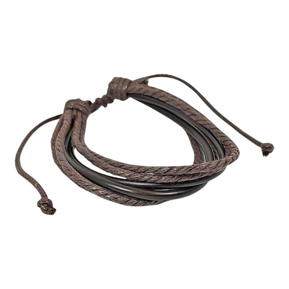 Faux Leather Slider Bracelet 6 Strands Dark Brown Cowboy Cowgirl 6.5" - 9.5"